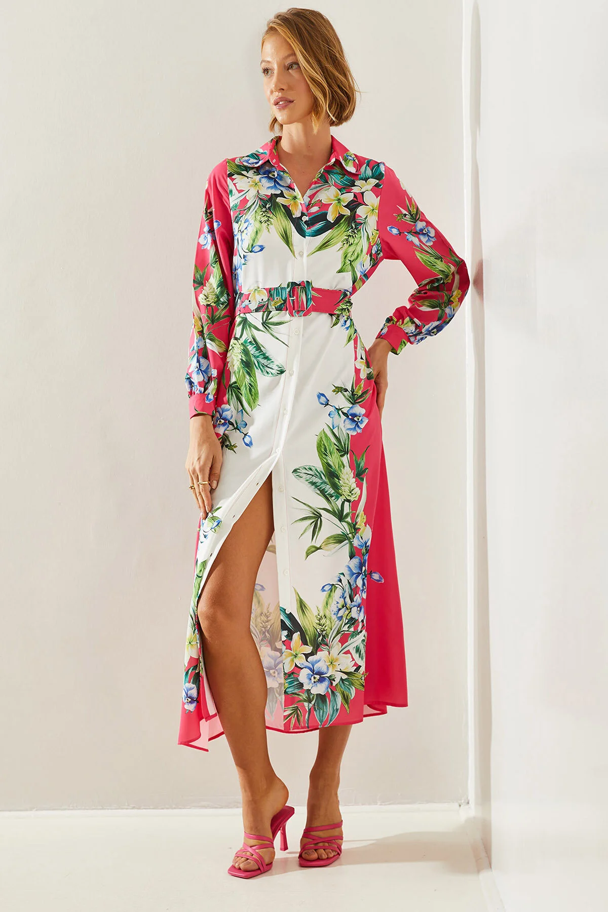 Bild von Bianco Lucci Langes Hemdblusenkleid Mit Blumenmuster Und Gürtel 22279 für Damen - M