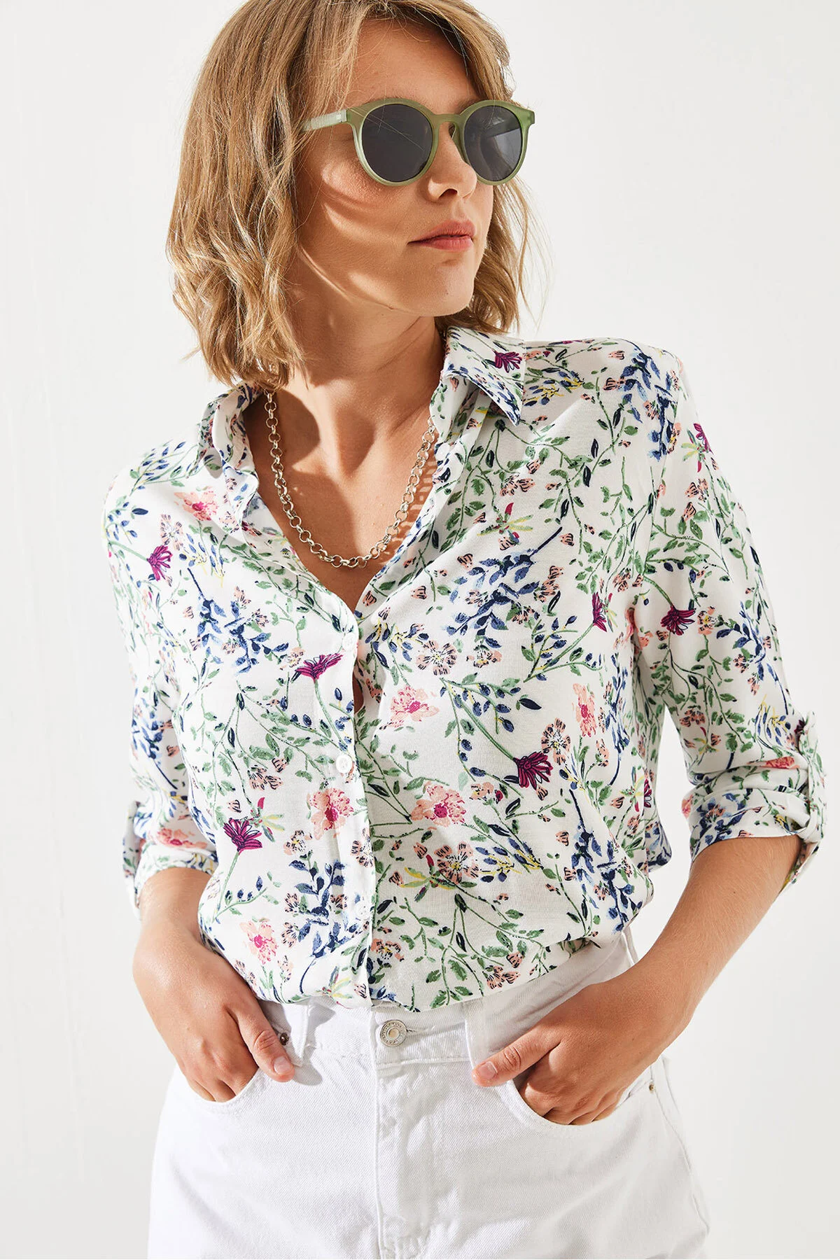 Bild von Bianco Lucci Hemd Mit Blumenmuster – Ärmel Gefaltet, für Damen - L