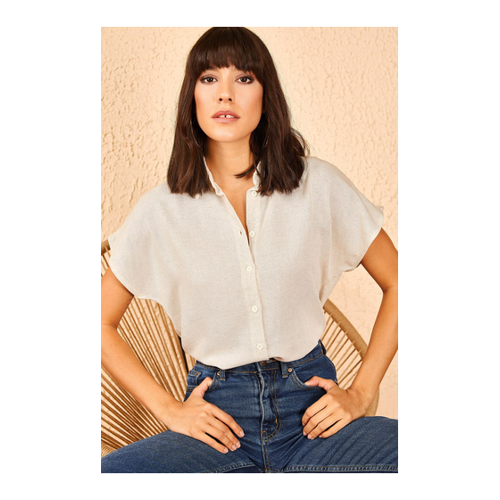 Bild von Bianco Lucci Beige Gemustertes Leinenhemd Mit Fledermausärmeln für Damen - XL