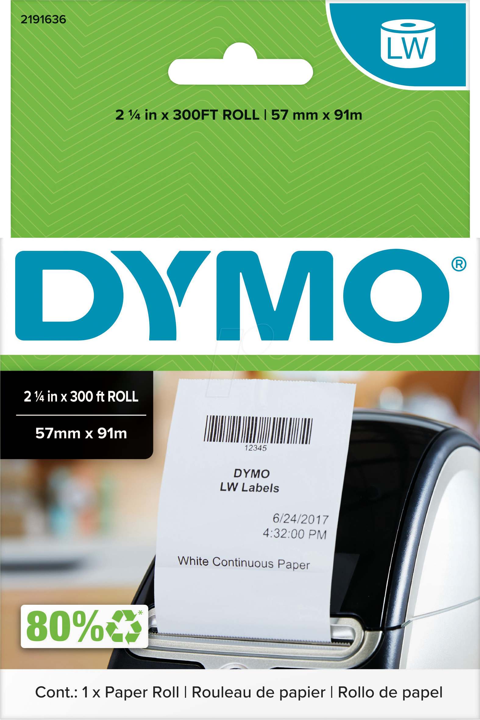 Bild von DYMO LabelWriter-Bonrolle, 57 mm x 91 m, weiß Endlos-Papierrolle, für Thermodirektdrucker, nicht klebend - 1 Stück (2191636)