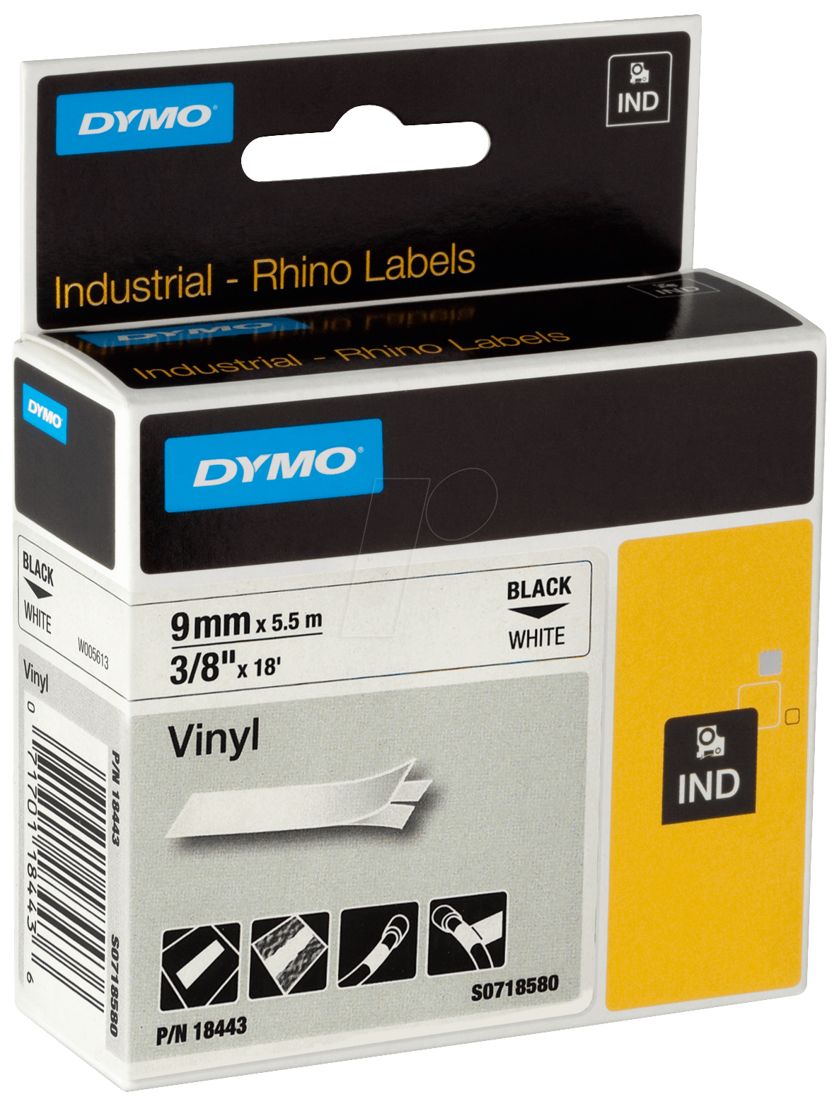Bild von DYMO - Permanentes selbstklebendes Vinylband - weiß - Rolle (0,9 cm x 5,5 m) - 1 Rolle(n) - für DYMO ILP219, Rhino 4200, 6000, 6000 Hard Case Kit (S0718580/18443)