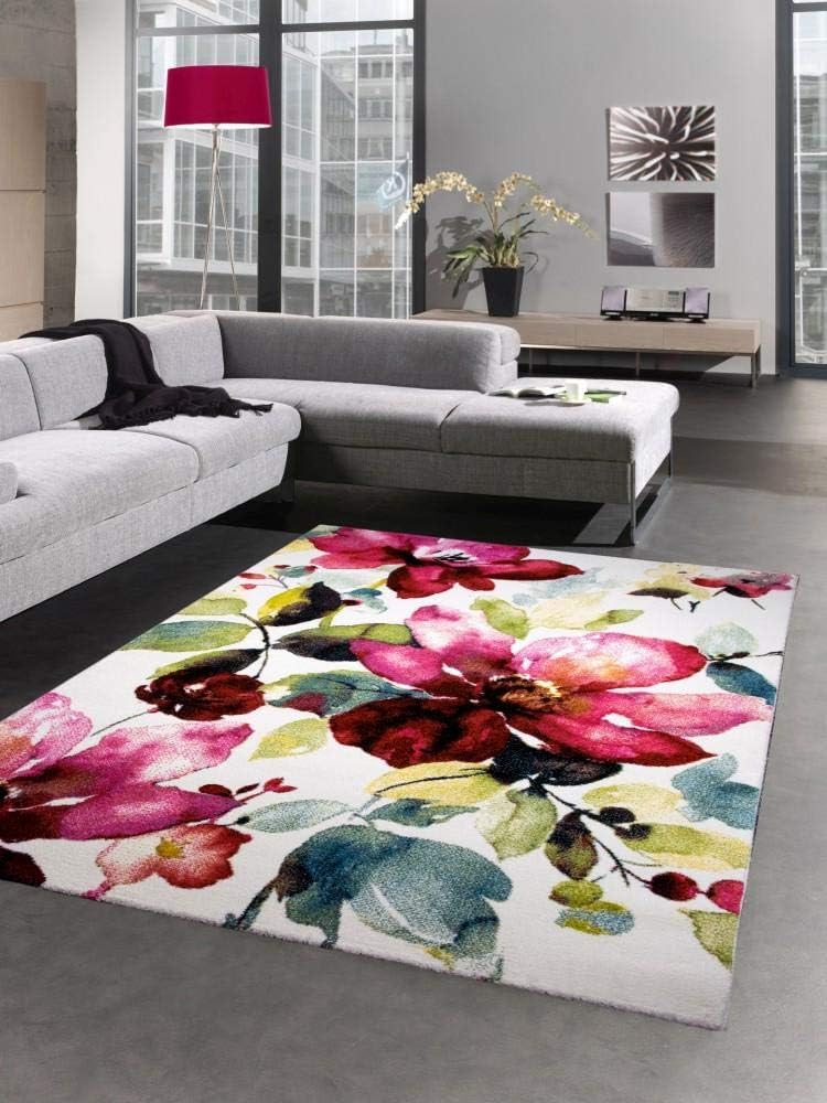 Bild von Carpetia Teppich Wonhzimmerteppich Modern Kurzflor Blumen Blüten bunt rot grün türkis, rechteckig, Höhe: 13 mm