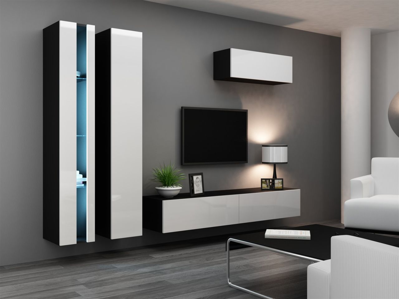 Bild von Mediawand Wohnwand 4 tlg - SENTIC 1 -Schwarz/Weiss Hochglanz inkl. LED