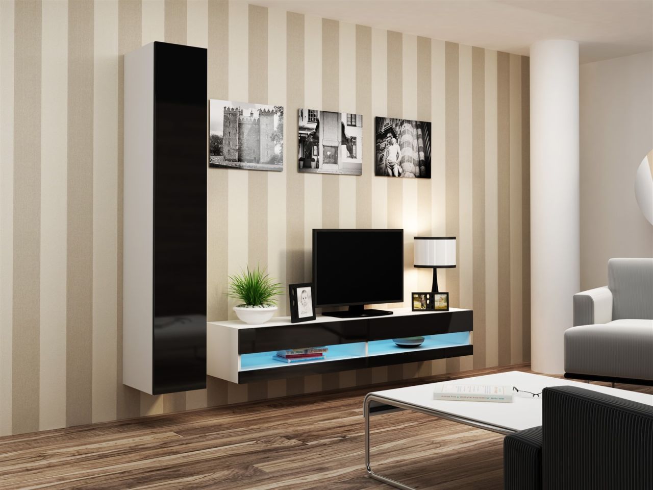 Bild von Mediawand Wohnwand 2 tlg - SENTIC 9 - Weiss/Schwarz Hochglanz inkl.LED