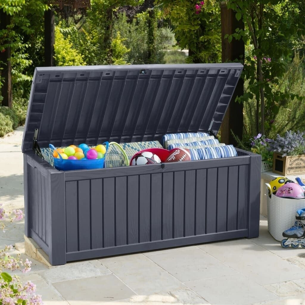 Bild von Keter Kissenbox Rockwood, graphit, 570l Fassungsvermögen, Außenmaße: 155 x 72,4 x 64,4 cm, Auflagenbox wasserdicht, für Outdoor geeignet, Keterbox