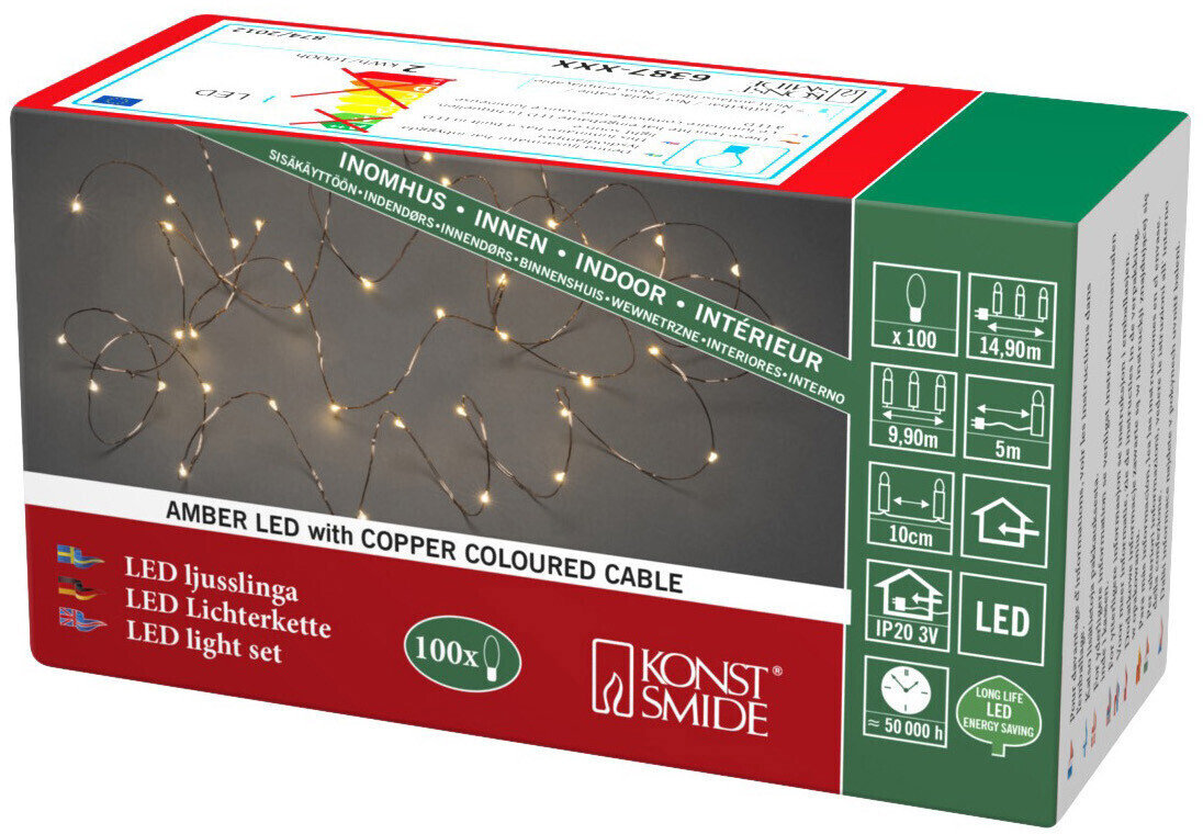 Bild von Konstsmide LED Tropfenlichterkette, 100 bernsteinfarbene Dioden, 3V Innentrafo, kupferfarbener Draht - 6387-860