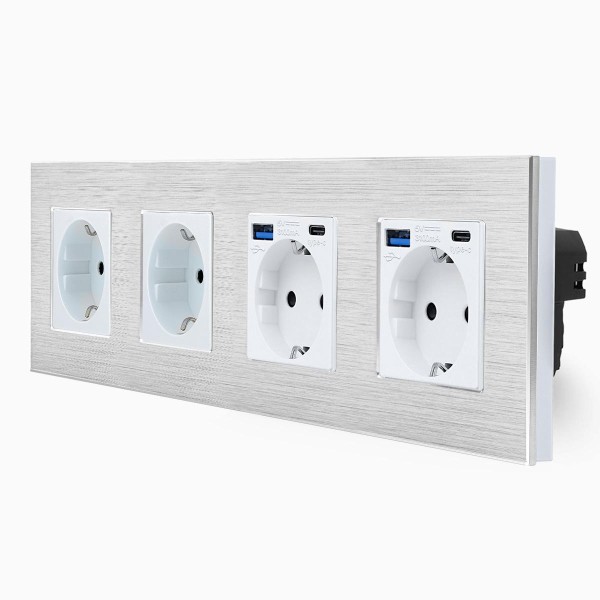 Bild von Alu 4-fache Steckdose + Steckdose-USB-A/C Silber/Weiß LXBA4-11-71-11 LUXUS-TIME