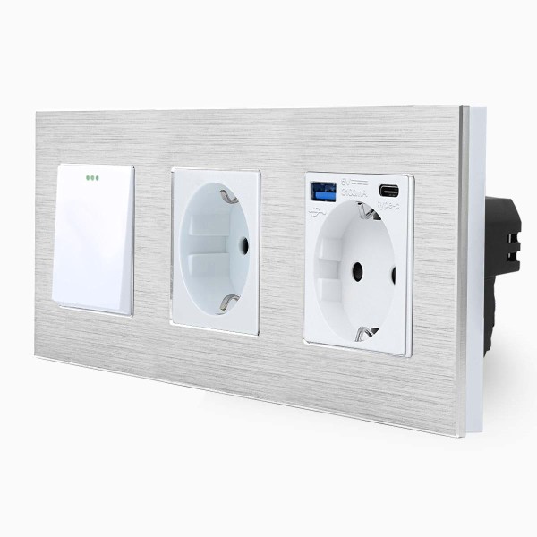 Bild von Alu Wipp-Lichtschalter + Steckdose + Steckdose-USB-A/C Silber/Weiß LXBA3/101M-71-MP010U-11 LUXUS TIM