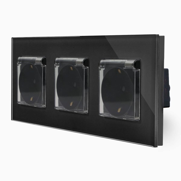 Bild von Glas 3-fache Steckdose m. Deckel Schwarz LXBG3/71Cover-12 LUXUS-TIME