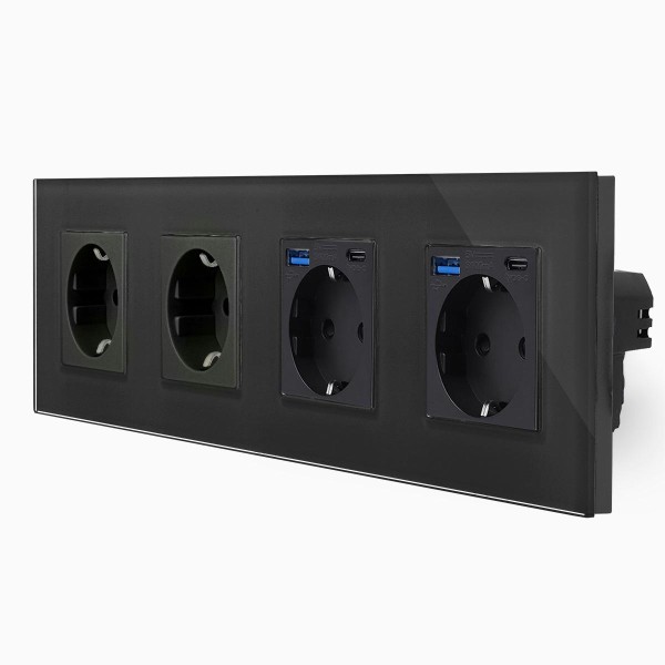 Bild von Glas 4-fache Steckdose + Steckdose-USB-A/C Schwarz LXBG4/2x71-2xMP010U-12 LUXUS-TIME