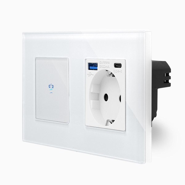 Bild von Glas 1-facher Wechselschalter / Kreuzschalter + Steckdose USB-A/C Touch Weiß LXBG2/K-701S-MP010U-11
