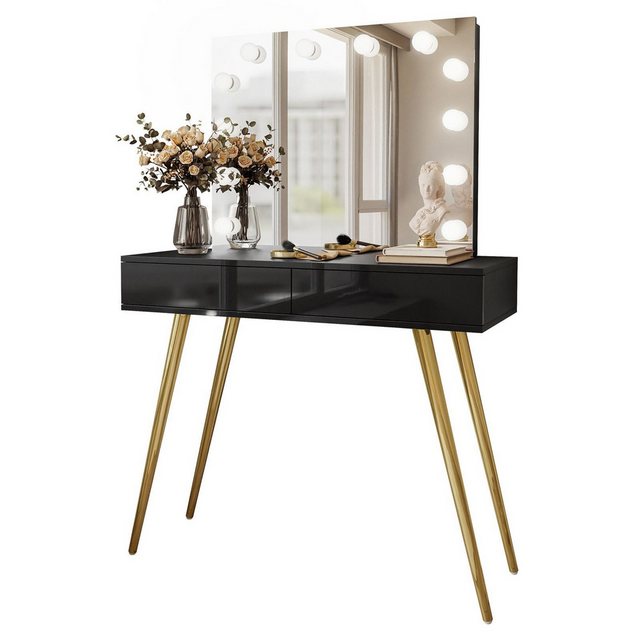 Bild von ALLHOUSE24 Schminktisch NOEL GOLD ELITE Hochglanz/matt Spiegel und Glühbirnen Kosmetiktisch, Breite 100 cm