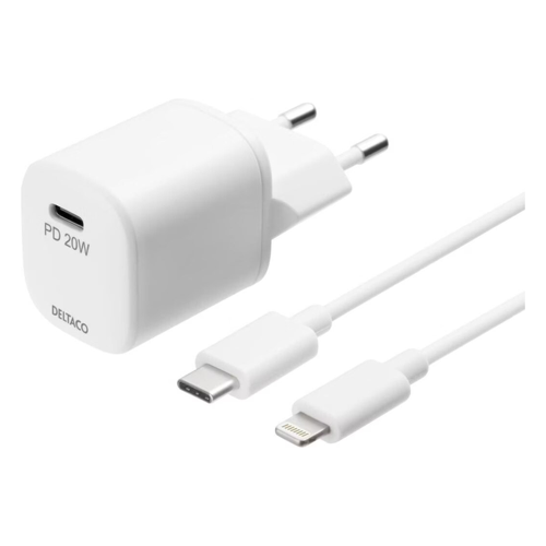 Bild von Deltaco USB-C Ladegerät AC141 mit 20 W und Lightning Kabel