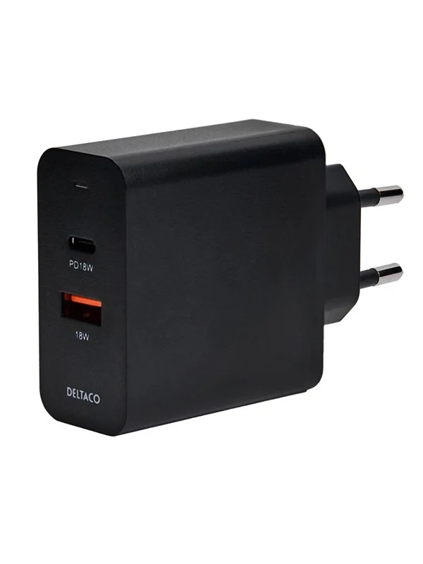 Bild von Deltaco USB wall charger DELTACO w with two ports and PD, 1x USB-A, 1x USB-C, PD, 36W, black, USB Ladegerät, Schwarz