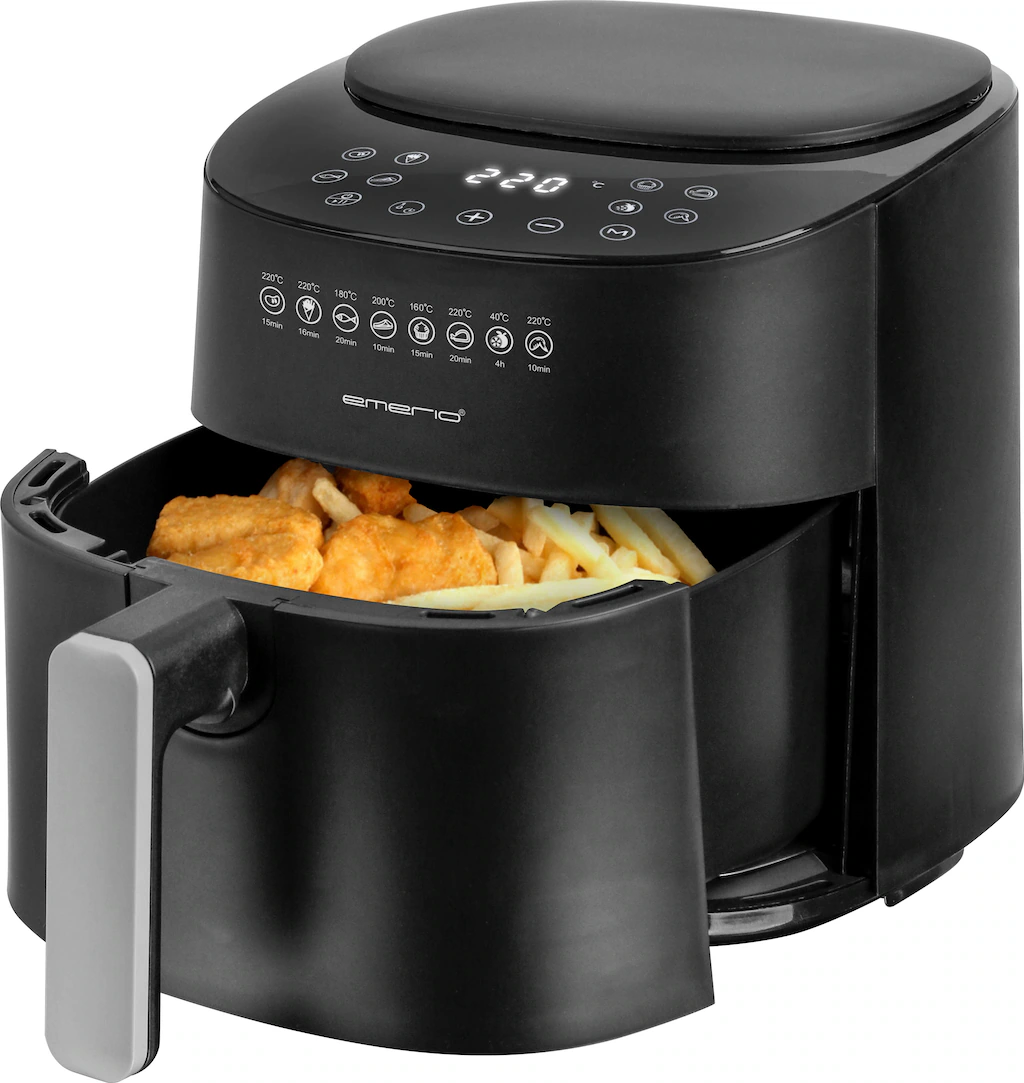 Bild von Emerio AF-129369. Produkttyp: Heißluftfritteuse, Fassungsvermögen: 4,5 l. Bauart: Einzelbild, Produktfarbe: Schwarz, Steuerung: Berührung. Leistung: 1300 W. Verpackungsbreite: 309 mm, Verpackungstiefe: 395 mm, Verpackungshöhe: 307 mm (AF-129369)