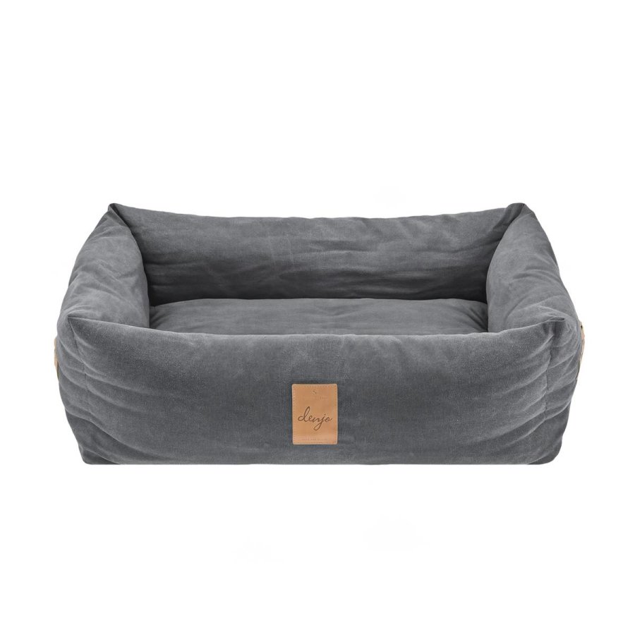 Bild von Denjo Dogs Hundebett Vintage Canvas mit Lederdetails im Landhausstil, Bezug waschbar, erhöhter Rand (L) 85x70cm "Classic Nest" stone grey