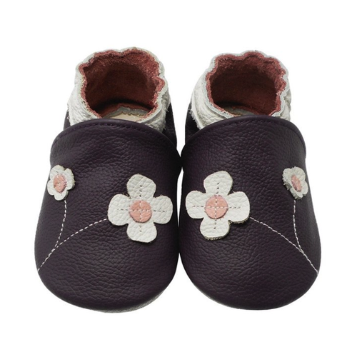 Bild von Yalion Weiche Leder Lauflernschuhe Hausschuhe Lederpuschen 2-Blumen Lila Krabbelschuh