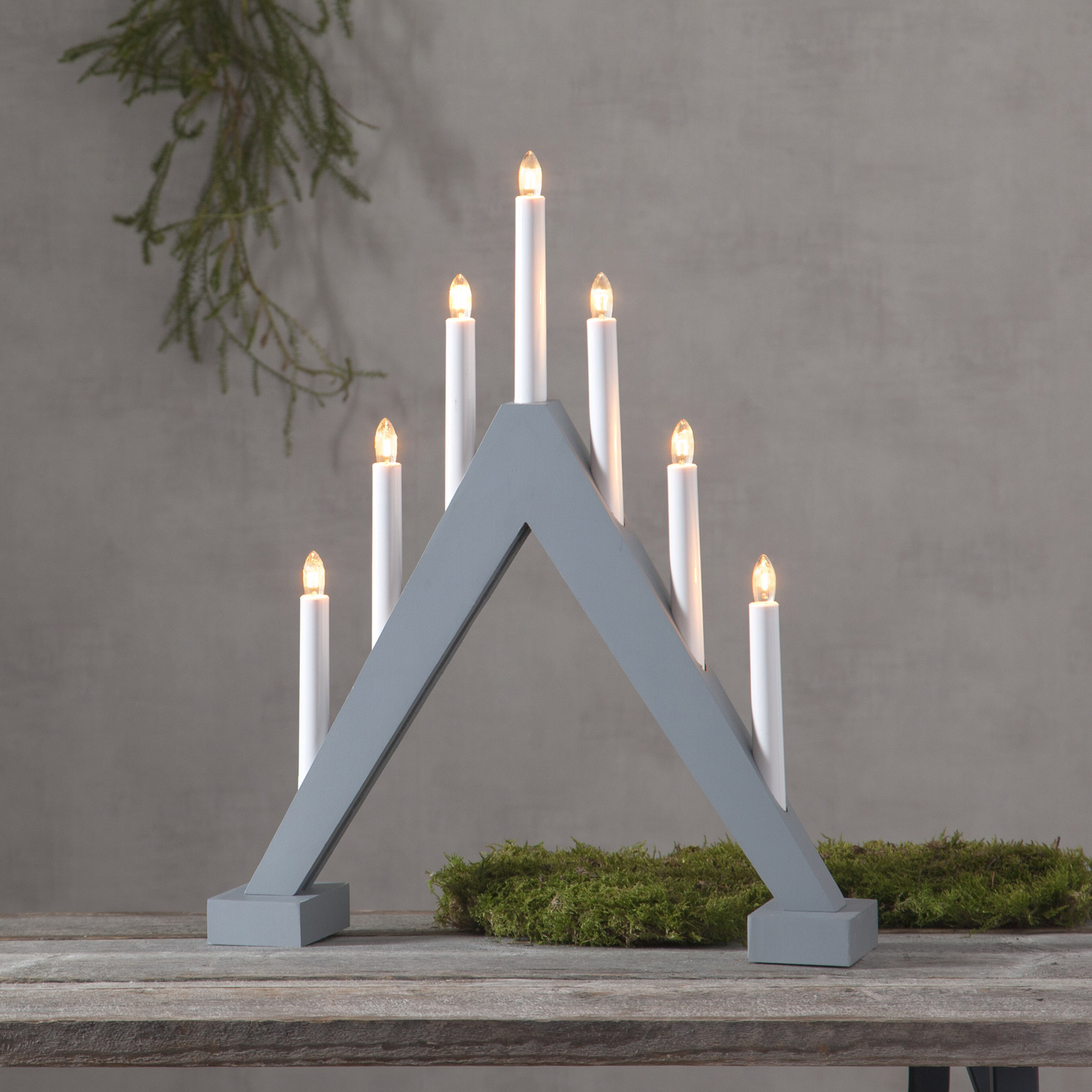 Bild von Fensterleuchter Trill - 7 warmweiße Glühlampen - L: 40cm, H: 47cm - Holz - Schalter - Grau