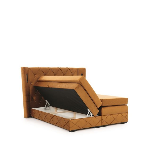 Bild von Fun Möbel Boxbett Schlafzimmerbett ELVIANO in Stoff Monolith (inkl. 2 x Bettkasten und Topper, Ambiente-Beleuchtung mit Touch Funktion), Gepolstertes Kopfteil mit Steppung