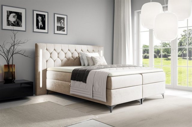 Bild von Fun Möbel Boxspringbett Schlafzimmerbett ELODIE Überlänge (inkl. Kaltschaumtopper, inkl. Bettkästen), Ambiente-Beleuchtung LED (Weiß) inkl. Fernbedienung