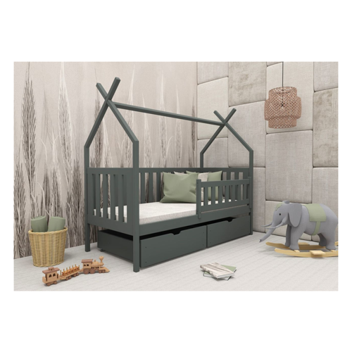 Bild von Hausbett Kinderbett DARLIN 200x90cm Kiefer Massiv Grafit inkl. Rollrost