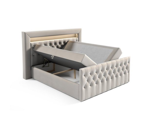 Bild von Fun Möbel Boxspringbett Schlafzimmerbett ERNESTO Nr.3 in Stoff Elisa Velvet (inkl. Topper, Auch mit Nachtkonsolen erhältlich), inkl. Polsterhocker, LED-Beleuchtung mit Fernbedienung