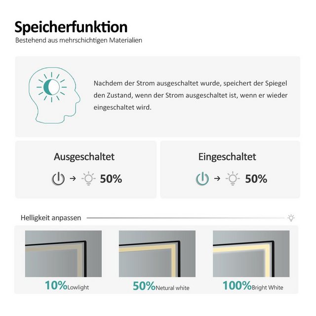 Bild von Emke, Spiegelschrank + Badezimmerspiegel, Badspiegel mit Beleuchtung 70*50cm,Beschlagfrei, Temperatur und Uhr Kaltweiss(6500K), Dimmbar (70 x 50 cm)