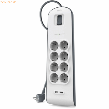 Bild von Belkin 8fach Überspannungsschutz-Steckdosenleiste 2x USB Steckdosenleiste, erhöhter Berührungsschutz, Überspannungsschutz, mit Schalter, mit USB