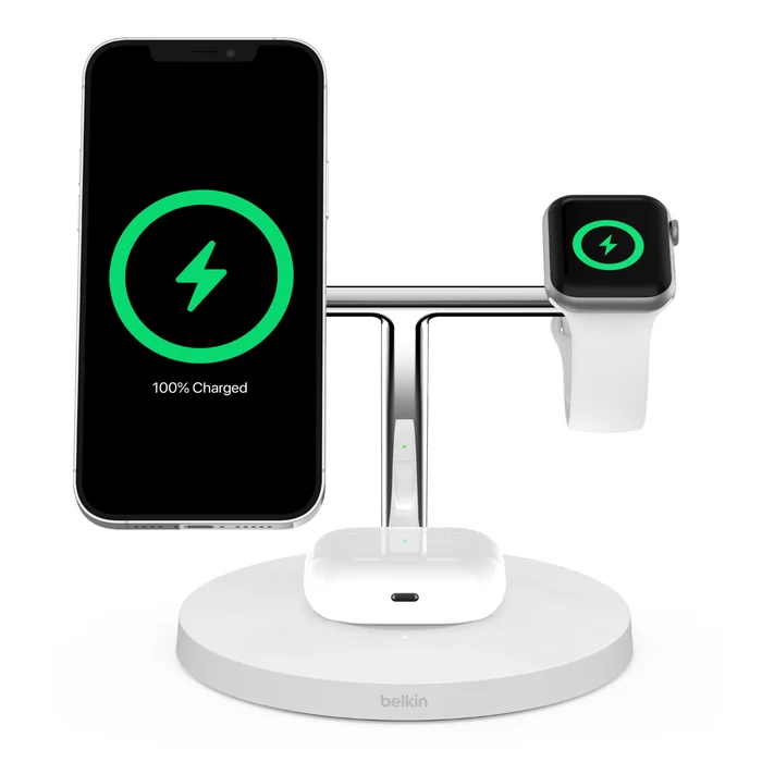 Bild von Belkin BoostCharge Pro Drahtloses 3-in-1-Ladegerät mit MagSafe, 15 W, Weiß Wireless Charger