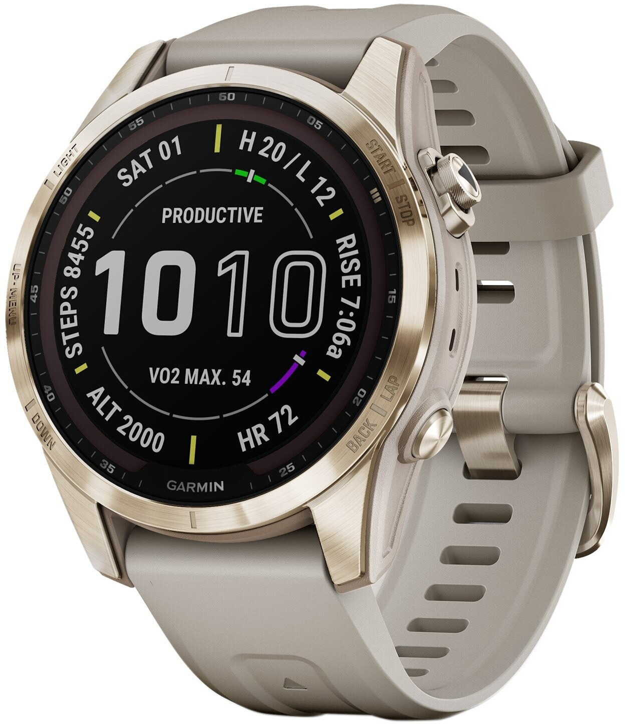 Bild von Garmin fēnix® 7S Sapphire Solar Creme Gold Titanium with Beige Silicone Band