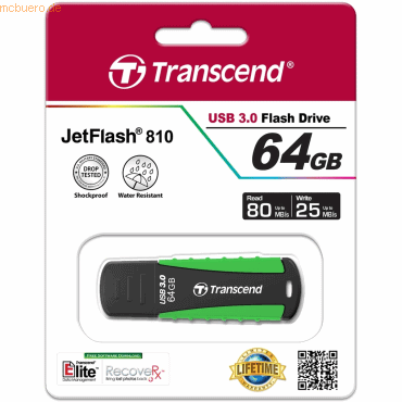 Bild von Transcend JetFlash 810 64GB USB 3.0, ts64gjf810, 64 GB, USB Typ-A, 3.2 Gen 1 3.1 Gen 1, Kappe, 12,4 g, Schwarz