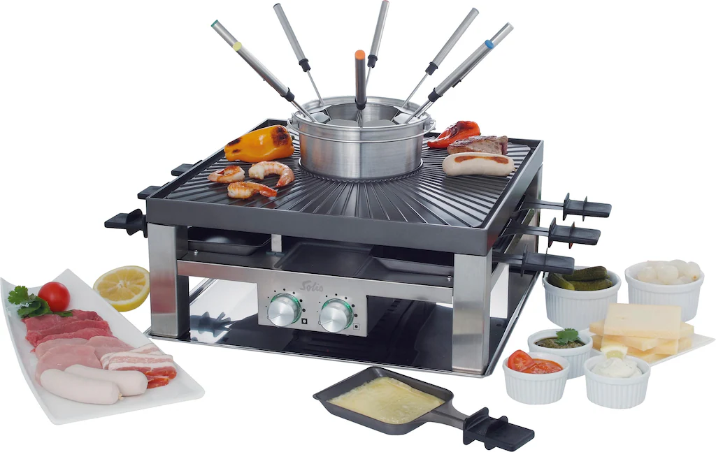 Bild von Solis Combi Grill 3 in 1 796 Raclette 8 Personen - Raclette Fondue Kombi - Tischgrill – Elektogrill - Edelstahl