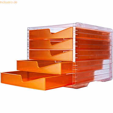 Bild von Schubladenbox styro® styroswing NEONline, 5 Schübe, Auszugsperre & Griffmulde, stapelbar, B 270 x T 340 x H 255 mm, Polystyrol, transparent-neonorange
