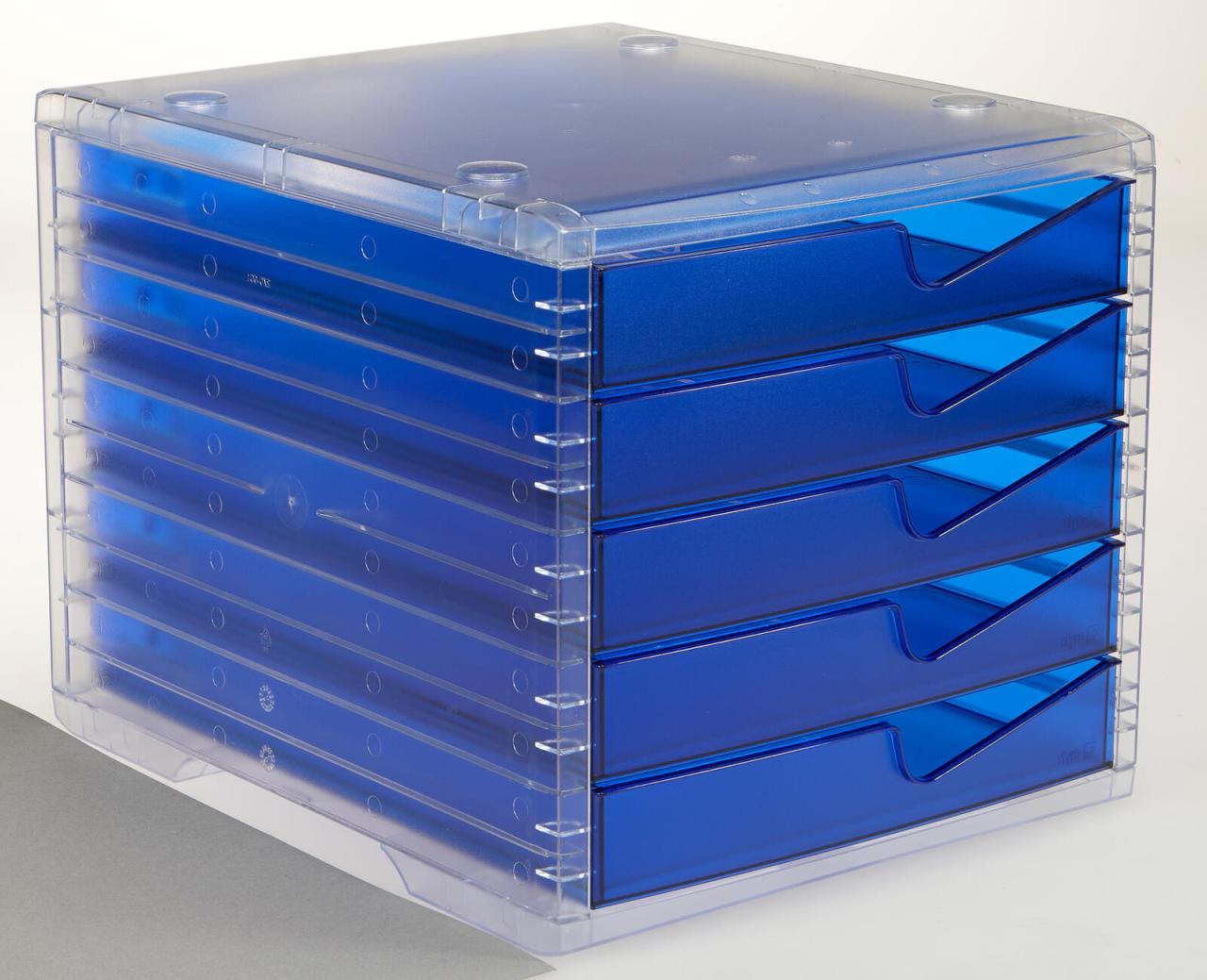 Bild von STYRO Schubladenbox 1 Schubladenbox styroswing light 5 Schubfächer transparent/blau, Stapelbar, Auszugsstopp, Geschlossene Schubladen, Geeignet für DIN C4