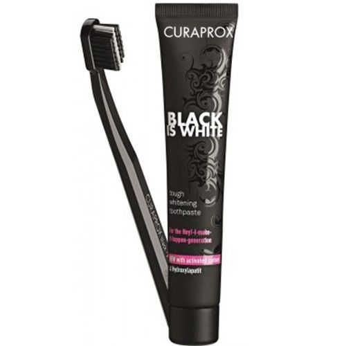 Bild von Curaprox Black Is White Kohlezahnpasta und Bürste 1 Stück - Zur Zahnpflege