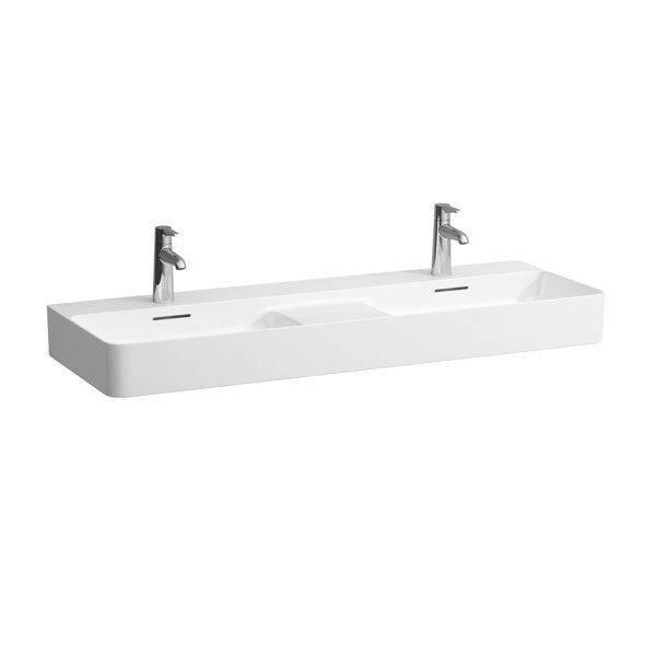 Bild von Laufen VAL Doppelwaschtisch, 3 Hahnlöcher, mit Überlauf, 1200x420mm, semi-trockener Bereich mittig, H814282, Farbe: Weiß mit LCC Active