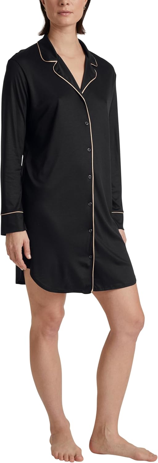 Bild von CALIDA Moonlight Dreams Langarm-Nachthemd aus TENCEL™ Modal und Seidefür Damen, S, Schwarz, Seidiger Traum in Boudoir-Design