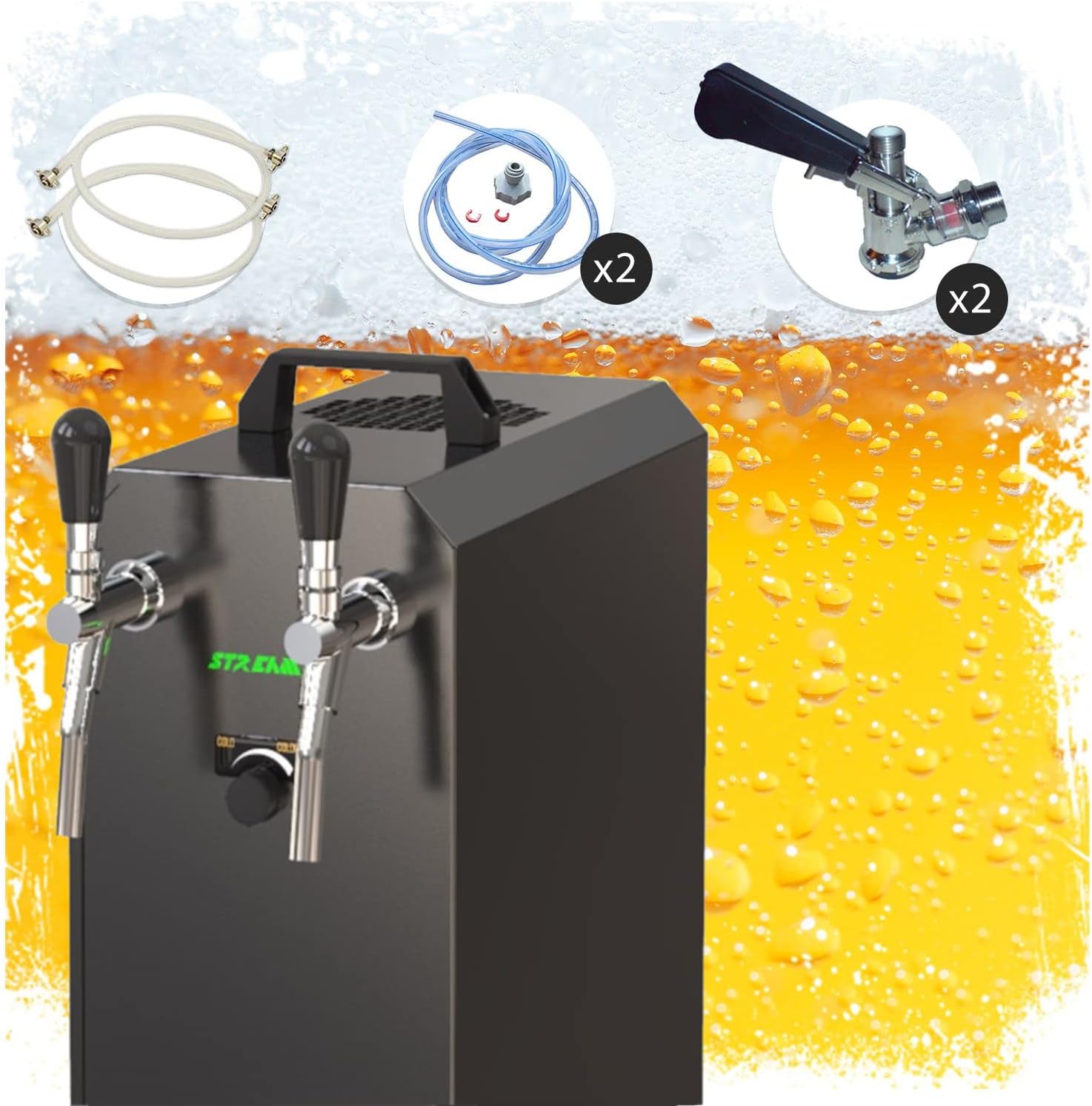Bild von Komplett Set - Zapfanlage, Bierzapfanlage Stream 50K mit Luftpumpe Bierkoffer, Durchlaufkühler 2-leitig Trockenkühler, bis zu 55 Liter/h - Black Edition, Zapfkopf:Kombi, Zapfkopf 2:Kombi