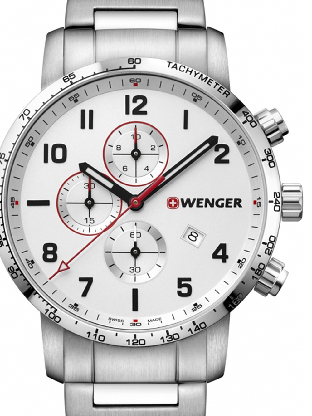 Bild von WENGER Herren Armbanduhr Attitude Chronograph Ø 44mm, Swiss Made, Analog Quarz, Wasserdicht bis 100m, Edelstahl-Armband, Silberweiß/Silber, 01.1543.110