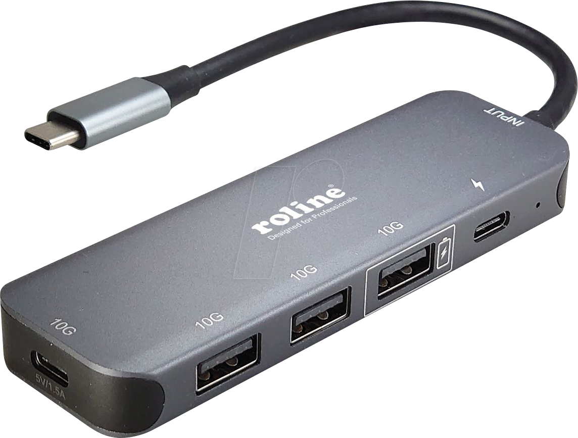 Bild von ROLINE USB 3.2 Gen 2 Hub, 4fach, Typ-C-Anschlusskabel Computer-Adapter, 10.0 cm