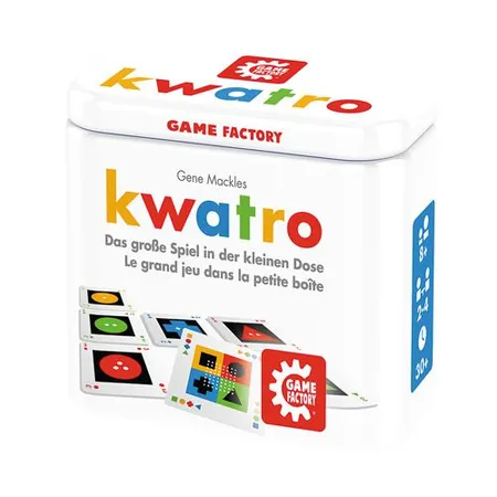 Bild von GAMEFACTORY 646195 Kwatro, Mini-Kartenspiel in handlicher Metalldose, Legespiel-Mix für Kinder und Erwachsene, Reisespiel