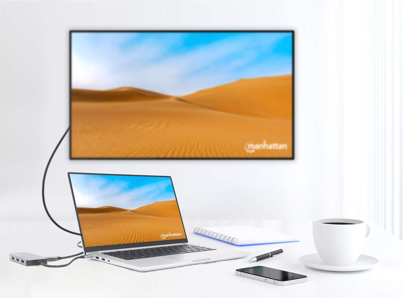 Bild von MANHATTAN USB-C 8-in-1-Dockingstation mit Power Delivery USB 3.2 Gen 1 Typ C-Stecker auf HDMI-Buchse (4K@30Hz), drei USB-A Ports (bis zu 5 Gbit/s), Gigabit-RJ45-Port, USB-C Power Delivery-Port (100 W), SD/MicroSD-Kartenleser, Aluminium, Space Grau (130615)