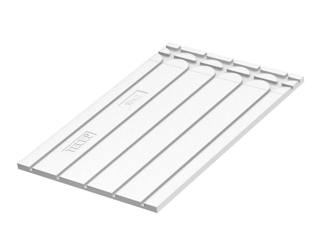 Bild von TECEfloor	1 x Trockenbauplatte TP 30/16Produktdetails	zum Einbau einer Fußbodenheizung nach Bauart B	(Rohrverlegung innerhalb der Dämmschicht unter dem Estrich)	ermöglicht den Einsatz mit Standard-Trockenestrichelementen	sowie Nassestrichen (Zementestrich, Fließenestrich)	aus expandiertem Polystyrol Hartschaum (EPS)	mit Rohrführungskanälen zu Aufnahme	der TECEfloor Wärmeleitprofile und der	TECEfloor Flächenheizungsrohre 16 x 2 mm	HBCD-freiTechnische Daten	Werkstoff: expandiertes Polystyrol (EPS 035 DEO), Baustoffklasse E	Wärmeleitfähigkeit: 0,035 W/mK, R = 0,77 m²K/W	Druckspannung 150 kPa bei 10 % Stauchung gemäß EN 826	Verlegeabstand: VA 150, VA 300 (Einfach- und Doppelmäander)	Abmessungen (L x B x H): 1150 x 750 x 30 mmHinweisIn Verbindung mit der Trockenbauplatte TP30/16 wird der Einsatz des TECEfloor Alu-Verbundrohres SLQ PE-RT/Al/PE-RT empfohlen. Alternativ können auch die TECEfloor Fünfschicht-Vollkunststoffrohre verwender werden. Dreischichtige Vollkunststoffrohre werden wegen möglicher Geräuschentwicklung nicht empfohlen.