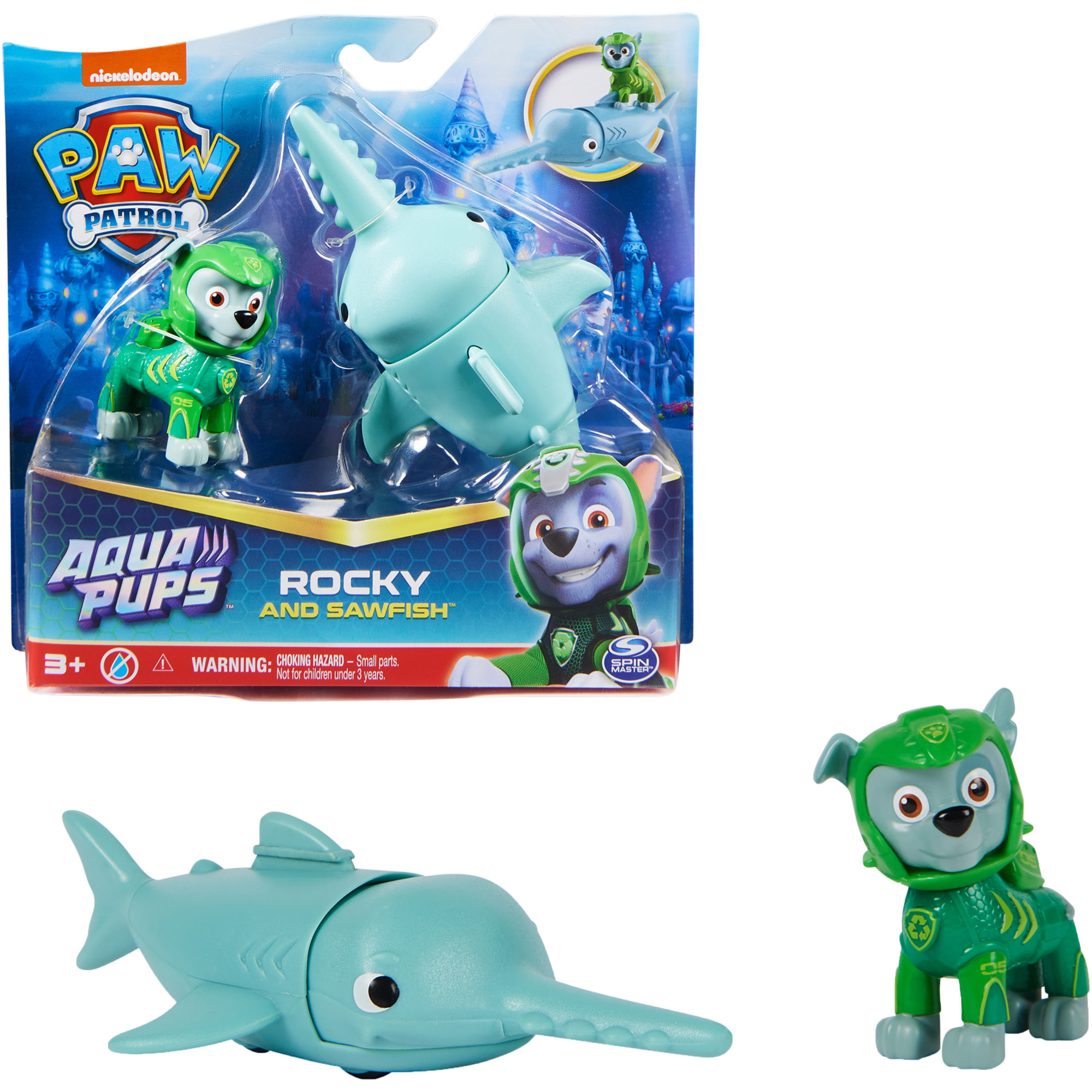 Bild von Spin Master Spielfigur Paw Patrol Aqua Pups - Hero Pups-Set mit Rocky-Welpenfigur und Sägefisch-Figur