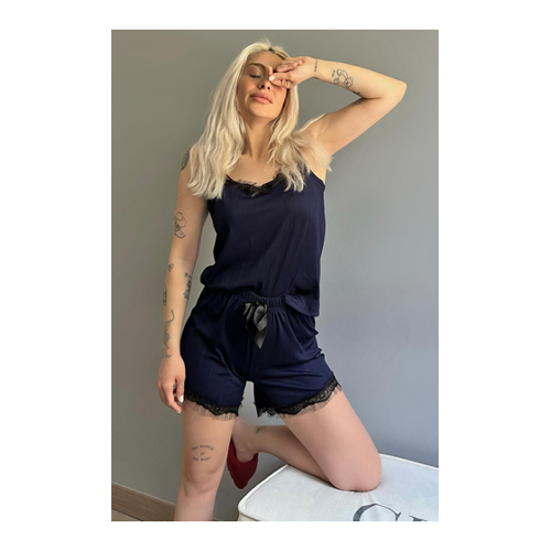 Bild von Pijamaevi Marineblaues Camisole-Pyjama-Set mit Spitze und detaillierten Seil-Hosenträgershorts für Damen - S