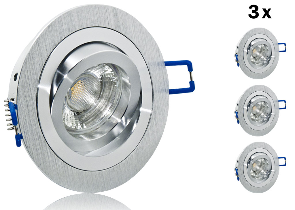 Bild von 3er LED Einbaustrahler Set mit Marken GU10 LED Spot Lc Light 5 Watt COB Aluminium BiColor Rund Klickverschlu?