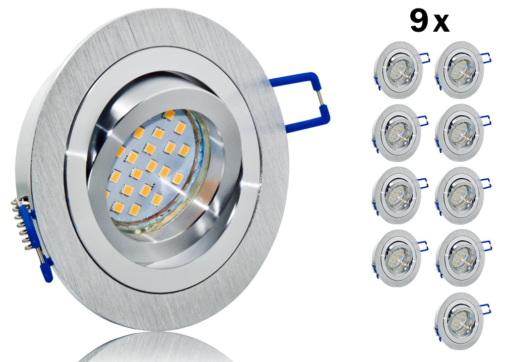 Bild von 9er LED Einbaustrahler Set mit Marken GU10 LED Spot ChiliTec 5 Watt 24 SMD Aluminium BiColor Rund Klickverschlu?
