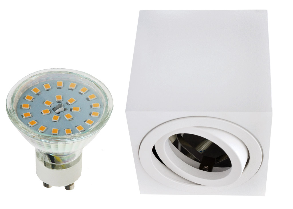 Bild von LED Aufbaustrahler Set W?rfel Cube Aluminium geb?rstet komplett wei? mit LED Markenspot Chilitec H55 5 Watt Klarglas