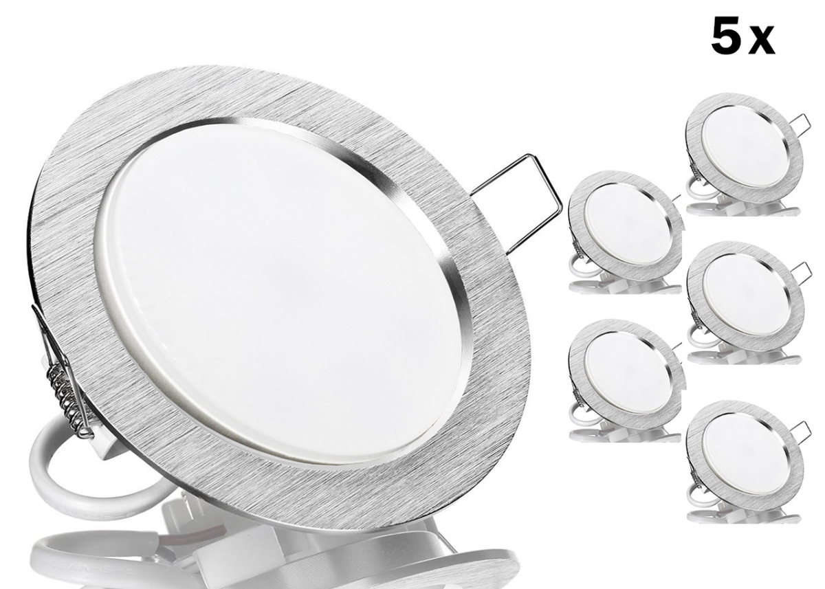 Bild von 5er GX53 LED Einbauleuchten Set flach Aluminium geb?rstet rund mit LED GX53 Markenlampe von Kanlux 9w