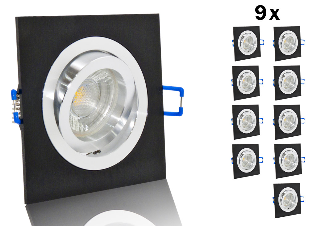 Bild von 9er LED Einbaustrahler Set Aluminium schwarz geb?rstet eckig mit Marken GU10 LED Spot LC Light 5 Watt 9 SMD